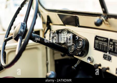 Izmir, Turkey - 23 09, 2018. Dashboard and steering wheel of an уаз-69 or UAZ-69 Pickup truck. Stock Photo