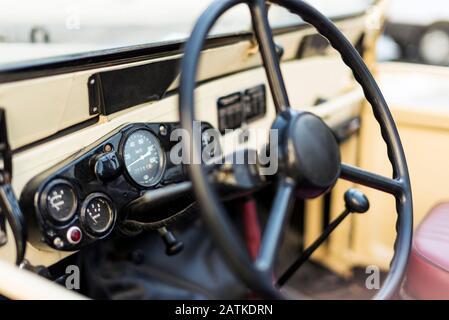Izmir, Turkey - 23 09, 2018. Dashboard and steering wheel of an уаз-69 or UAZ-69 Pickup truck. Stock Photo