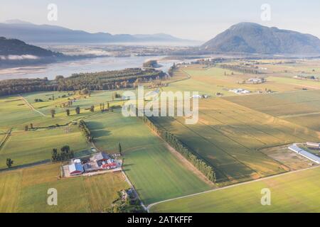 Aerial view of farm fields in Agassiz, BC Stock Photo