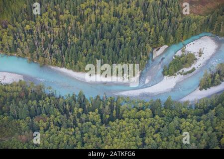 Aerial view of the braided Upper Stave River, Vancouver, B.C.