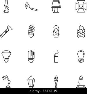 Light Source, Lighting outline icons set - Black symbol on white background. Light Source, Lighting Simple Illustration Symbol - lined simplicity Sign Stock Vector