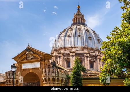 Rome, Vatican City / Italy - 2019/06/15: Panoramic view of St. Peter’s Basilica - Basilica di San Pietro in Vaticano - main dome by Michelangelo Buona Stock Photo