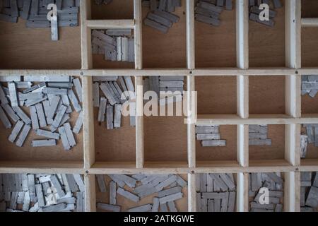 Historical printing furniture. Lettering and typing service drawer Stock Photo