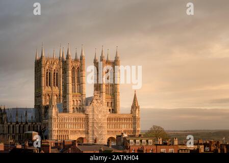Vista shot of Lincoln cathedral as it undergoes repairs to the outside showing scaffolding Stock Photo