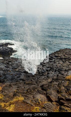 Spray rushing out from the fascinating Little Blowhole, at Tingira Crescent, Kiama, Southern Coast of NSW, Australia Stock Photo