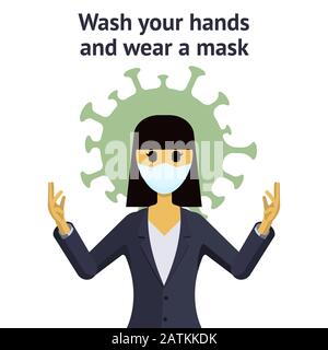 Asian woman in medical mask is protected from the virus. The inscription wash your hands and wear a mask. Vector flat illustration. Stock Vector