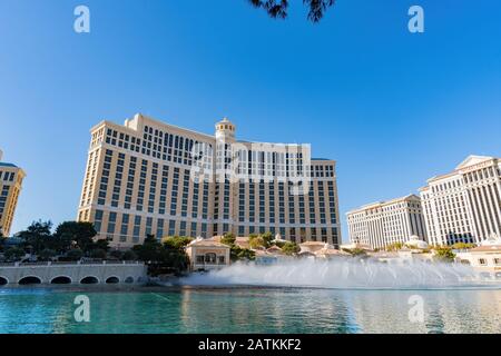 Las Vegas, Jan 11: Afternoon sunny street view of the famous Bellagio Hotel and Casino with the fountain and water dance on JAN 11, 2020 at Las Vegas, Stock Photo