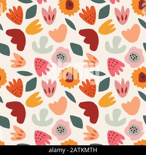Abstract floral seamless pattern. Hand drawn colorful flowers, plants, leaves. Botany spring, summer set. Modern cut out design. Flat style isolated Stock Vector