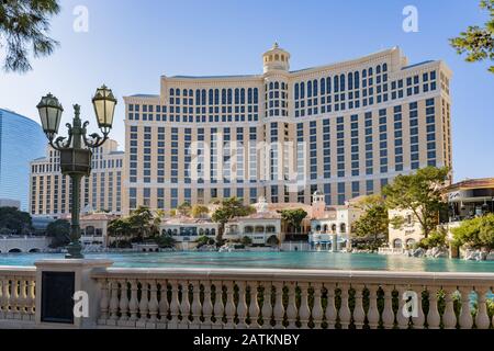 Las Vegas, Jan 11: Afternoon sunny street view of the famous Bellagio Hotel and Casino with the fountain on JAN 11, 2020 at Las Vegas, Nevada Stock Photo