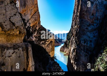 The view of the river with turquoise water and rocky canyon of Congost de Mont-rebei in Spain Stock Photo