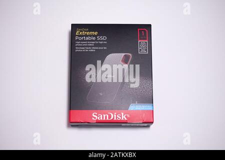 Orlando, FL/USA-2/3/20: A Sandisk portable ssd drive used for backing up computers. Stock Photo
