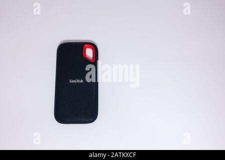 Orlando, FL/USA-2/3/20: A Sandisk portable ssd drive used for backing up computers. Stock Photo