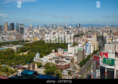 OSAKA, JAPAN – OCTOBER 16, 2019: Skyscrapper center of Tennoji district as seen from the garden terrace of Abeno Harukas. Osaka. Japan Stock Photo