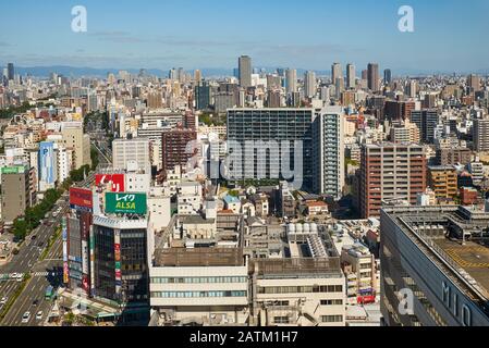 OSAKA, JAPAN – OCTOBER 16, 2019: Skyscrapper center of Tennoji district as seen from the garden terrace of Abeno Harukas. Osaka. Japan Stock Photo