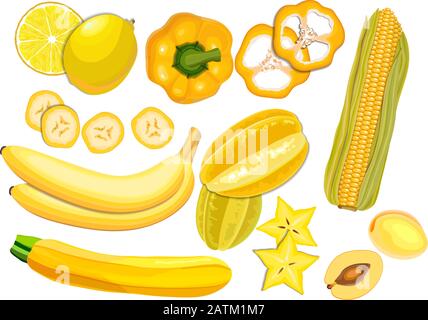 Collection of fresh yellow color vegetables and fruits raw on white background Stock Vector