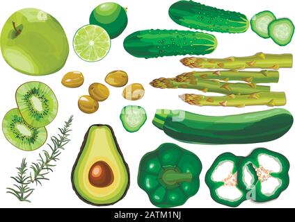 Collection of fresh green color vegetables and fruits raw on white background Stock Vector