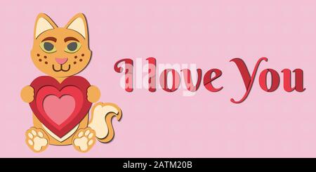 A valentines day vector drawing of a cute paper cut out cat holding a red heart in its paws, pink background. Includes “I love you” caption (text). Stock Vector