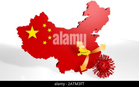 Three-dimensional map of China with the colors of the flag and Hubei province highlighted with arrows coming out of Wuhan and a red virus with legs ne Stock Photo