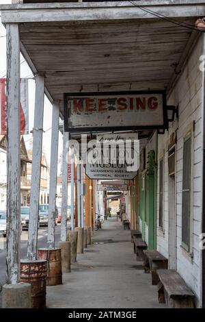 Walnut Grove, California, USA, January 12, 2020 - Overview of a sidelwak on the main street of Locke,  an old chinse settlement in the Sacramento Delt Stock Photo