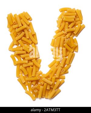 Letter V of the English alphabet from dry pasta on a white isolated background. Food pattern made from macaroni tubes. Bright alphabet for shops. Stock Photo