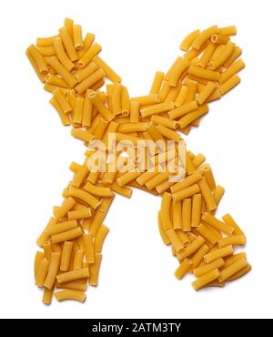 Letter X of the English alphabet from dry pasta on a white isolated background. Food pattern made from macaroni tubes. Bright alphabet for shops. Stock Photo