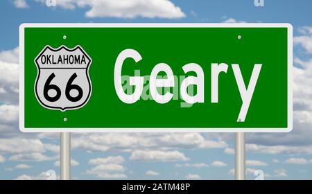 Rendering of a green 3d highway sign for Geary Oklahoma on Route 66 Stock Photo