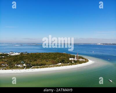 Aerial landscape view of the lighthouse and lighthouse beach on Sanibel Island in Lee County, Florida, United States Stock Photo