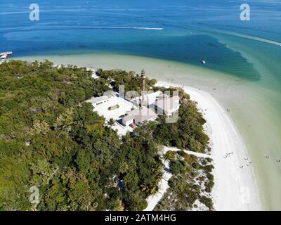 Aerial landscape view of the lighthouse and lighthouse beach on Sanibel Island in Lee County, Florida, United States Stock Photo