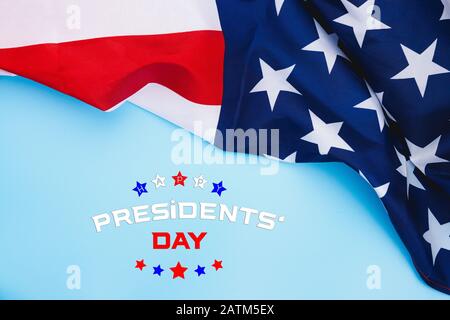 Happy Presidents' Day typography over blue background with US American flag border Stock Photo