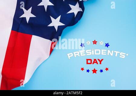 Happy Presidents' Day typography over blue background with US American flag border Stock Photo