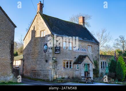 The Fox Inn in the winter frost. Broadwell, Cotswolds, Gloucestershire, England Stock Photo