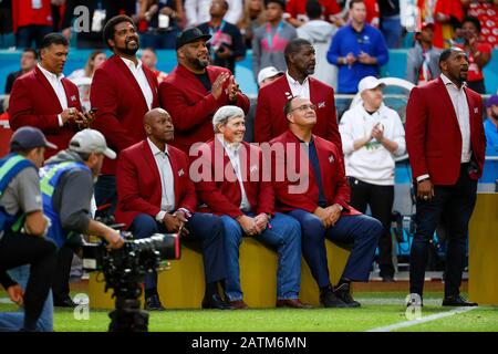 Miami Gardens, Florida, USA. 2nd Feb, 2020. Former NFL players honored as part of the NFL 100 prior to the San Francisco 49ers and Kansas City Chiefs game in NFL Super Bowl LIV at Hard Rock Stadium. Credit: Paul Kitagaki Jr./ZUMA Wire/Alamy Live News Stock Photo