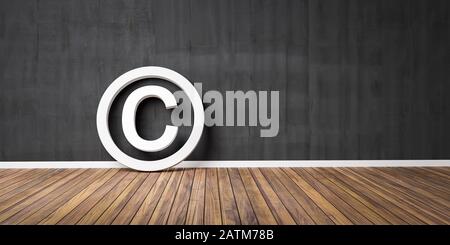 Copyright Symbol on Wodden Floor lean on black Grunge Wall with Copy Space - 3D-Illustration. Stock Photo