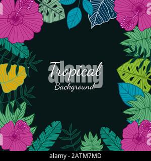 Set of Botanical Vector Elements, tropical leaves and flower on white background. Hand drawn style - Vector Illustration Stock Vector