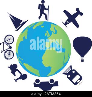 Means of transportation used to travel around the world Stock Vector