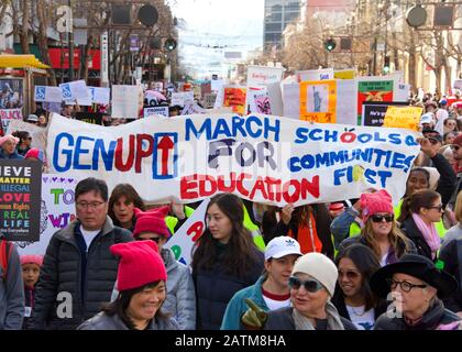 San Francisco, CA - Jan 18, 2020: Unidentified participants in the Women's March. Designed to engage and empower all people to support women's rights, Stock Photo