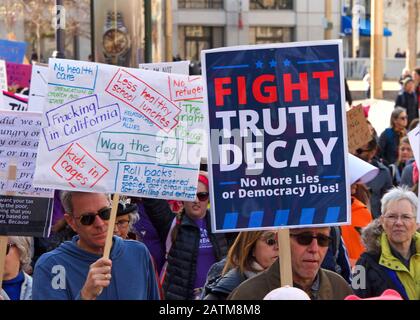 San Francisco, CA - Jan 18, 2020: Unidentified participants in the Women's March. Designed to engage and empower all people to support women's rights, Stock Photo