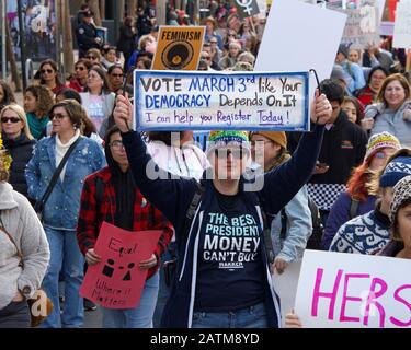 San Francisco, CA - Jan 18, 2020: Unidentified participants in the Women's March. Designed to engage and empower all people to support women's rights, Stock Photo