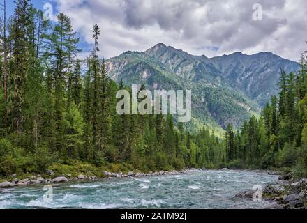 River rifts of darkly fast mountain river. Deep dark coniferous taiga in Eastern Siberia. Sayan mountains. Buryatia, Russia Stock Photo