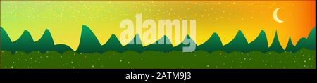 Fancy sky, and mountains landscape. Panoramic horizontal design. Trendy panoramic design. Clear glass print fantasy. Horizon, unused. Old game style. Stock Vector