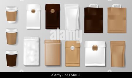 Set of Coffee Cup packaging. Mockup for Coffee shop, Cafe, restaurant. Realistic food package. Hot drink cups and box Isolated vector illustration Stock Vector