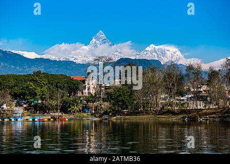 Pokhara,Nepal - Jan 22,2020:View at Annapurna mountain range in Phewa lake in Pokhara, Nepal. Stock Photo