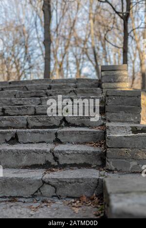 Old stairs in the park. Ruined concrete stairs.  Destroyed path. Stock Photo