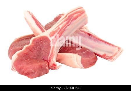 Group of fresh raw lamb cutlets isolated on a white background Stock Photo