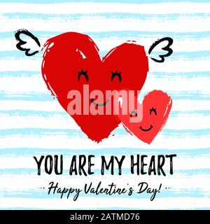 Valentine's Day card with cute enamored hearts and phrase - You are my heart. Romantic hand drawn illustration with striped background. Vector design. Stock Vector