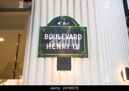 Boulevard Henri IV, 4ème (4th, IV) arrondissement, Paris, France, June 2019. Authentic vintage steel or metal french street plate. Outdoor. Famous Stock Photo
