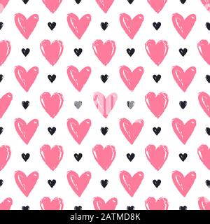 Seamless pattern with hand drawn hearts. White background and painted pink and black hearts. Romantic vector illustration for love, wedding or Valenti Stock Vector