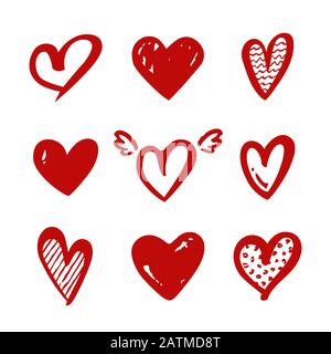 Heart shapes isolated on a white background. Vector red symbols for love, wedding, Valentine's day or other romantic design. Set of hand drawn illustr Stock Vector