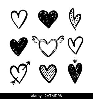 Hearts isolated on a white background. Vector hand drawn symbols for love, wedding, Valentine's day or other romantic design. Set of 9 various decorat Stock Vector