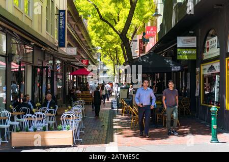 Melbourne, Australia - December 7, 2016: People walking and dining at Hardware Lane in Melbourne CBD. Hardware Lane in Melbourne is famous among local Stock Photo